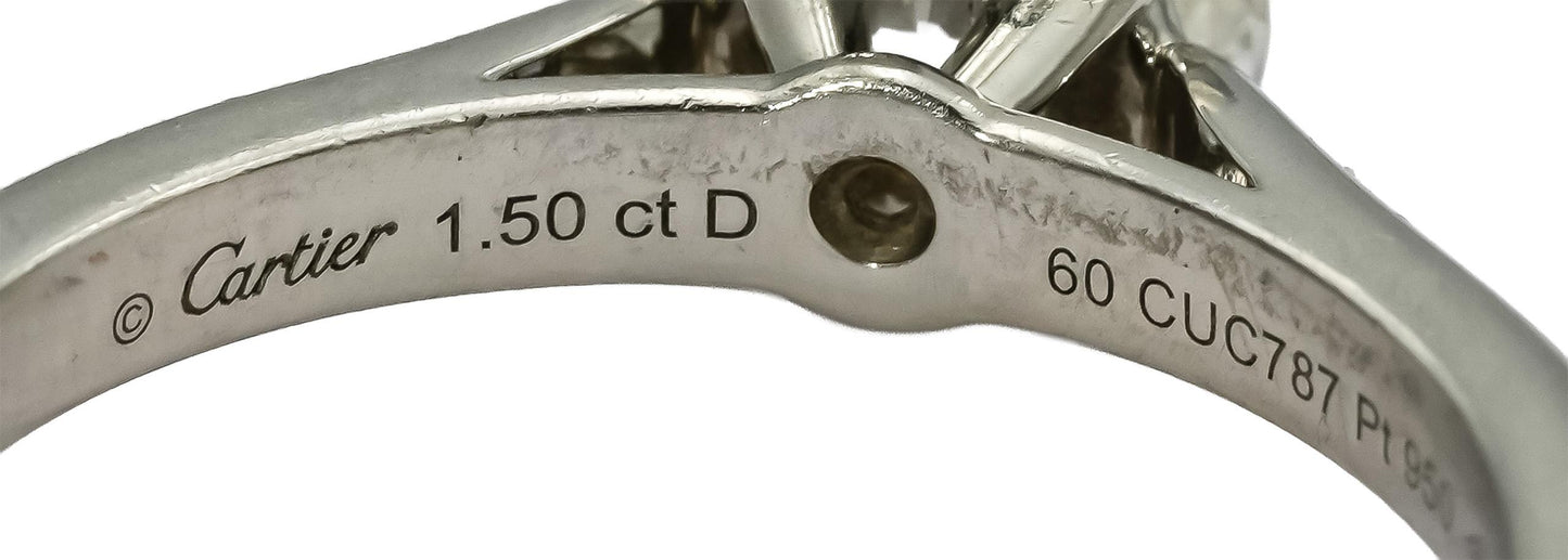 GIA Cert. CARTIER Platinum VS1/F Round Diamond Engagement Ring 1.50CT Size 60
