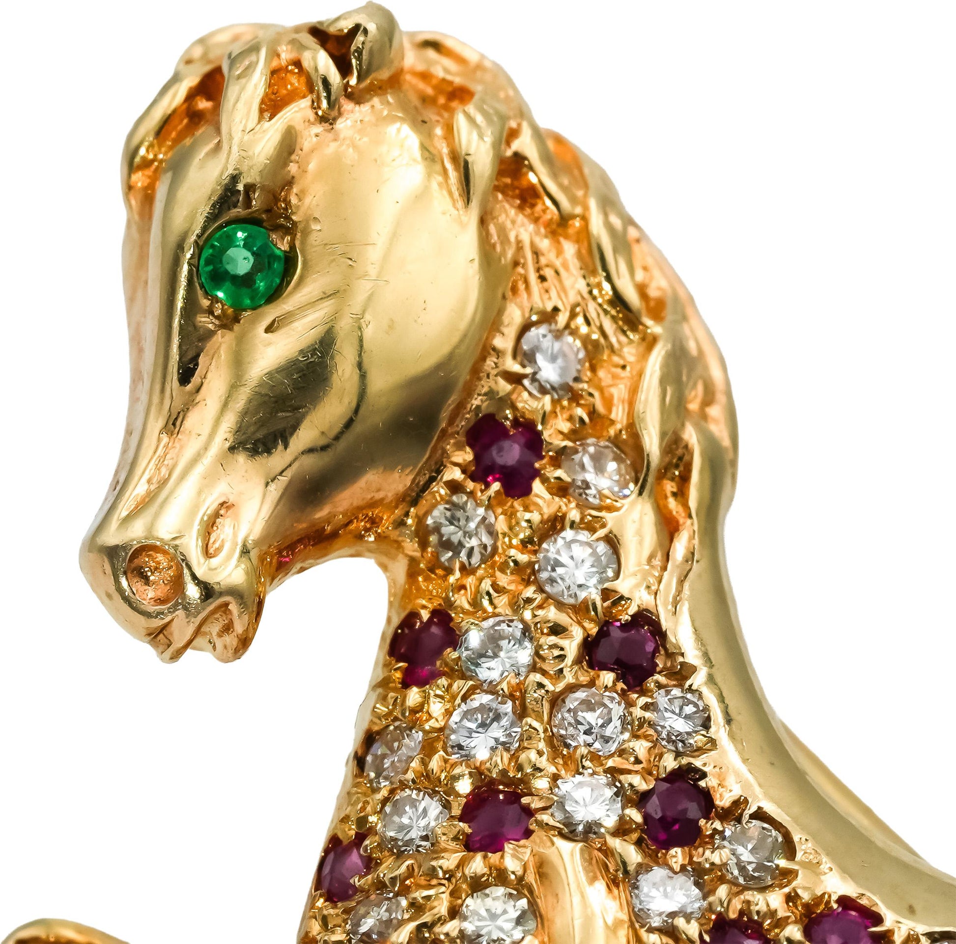 18k Rose Gold Ruby and Diamond Galloping Horse Brooch Pin 0.75CTW