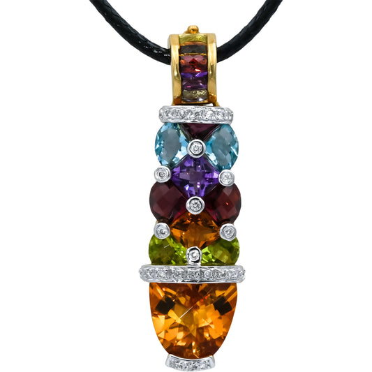 18k Yellow Gold Diamond & Rainbow Gemstone Pendant Necklace 7.15CTW