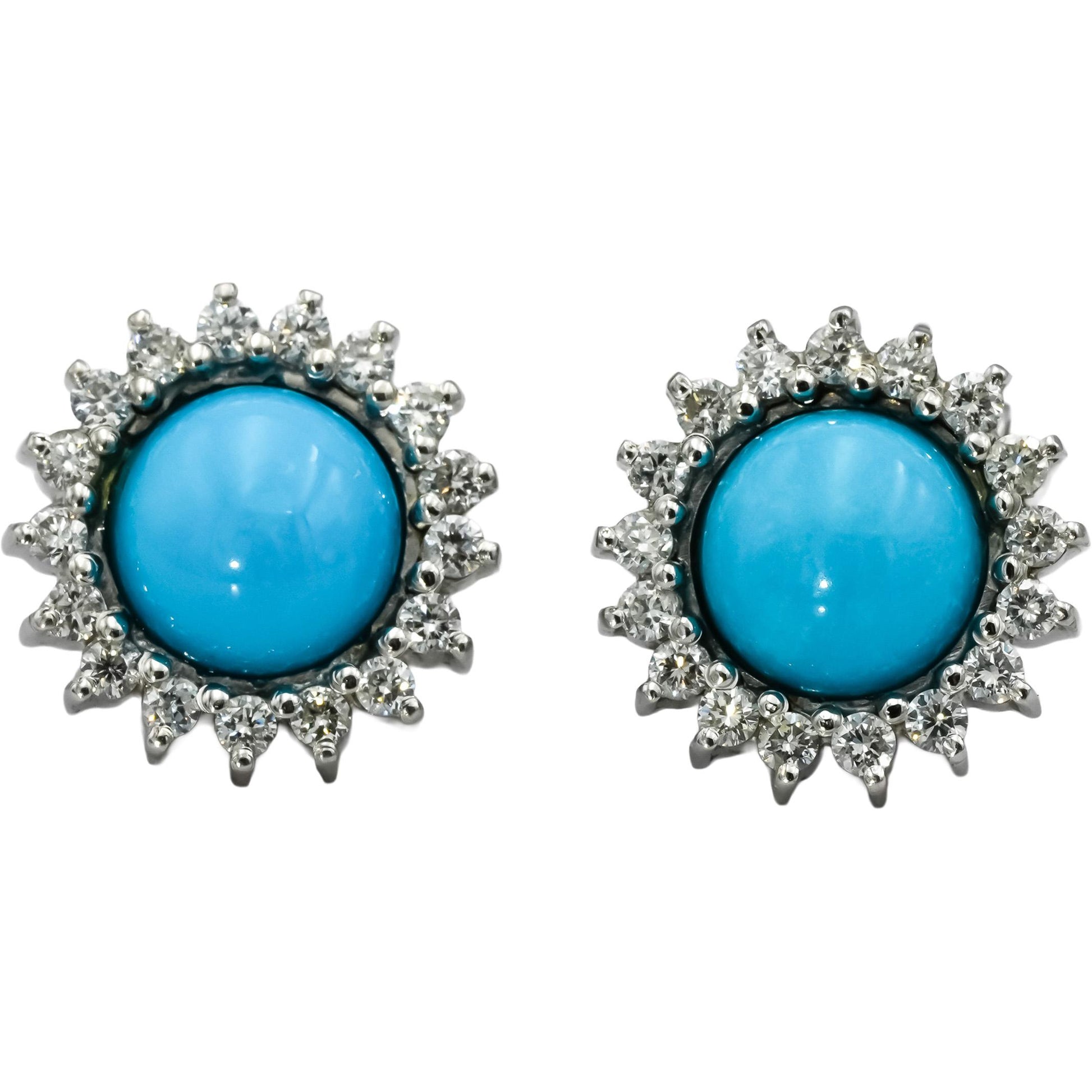 18k White Gold VS Round Diamond and Cabochon Turquoise Stud Earrings 0.50CT