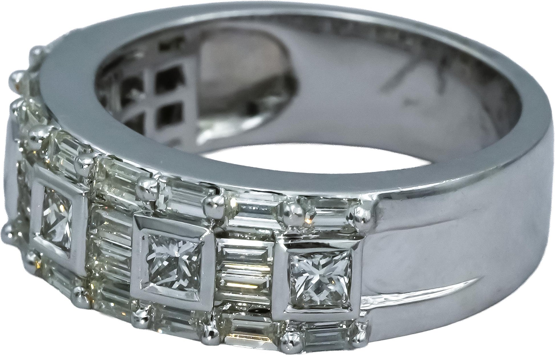 18k White Gold VS Round Baguette Princess Cut Diamond Band Ring 1.25CT Size 6.75