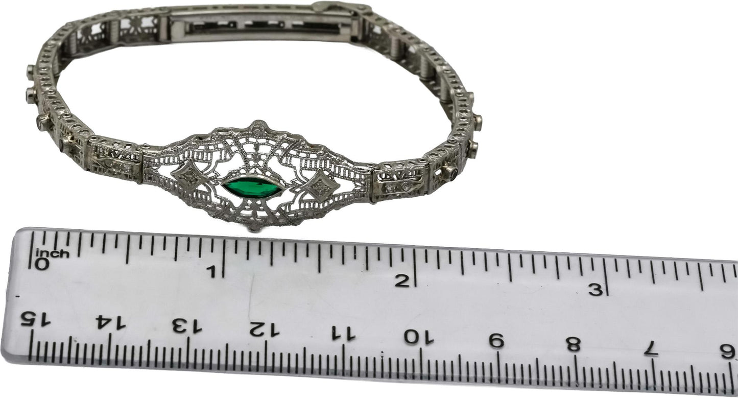 10k White Gold Diamond and Synthetic Emerald Filigree Bracelet 0.20CT