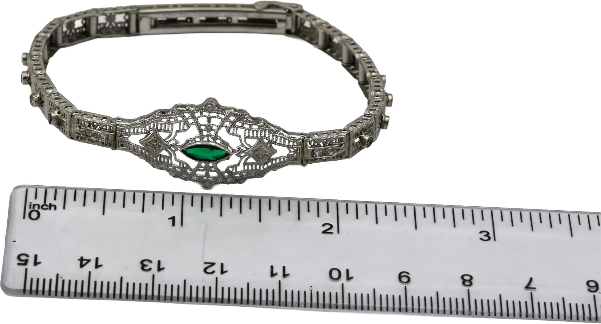 10k White Gold Diamond and Synthetic Emerald Filigree Bracelet 0.20CT