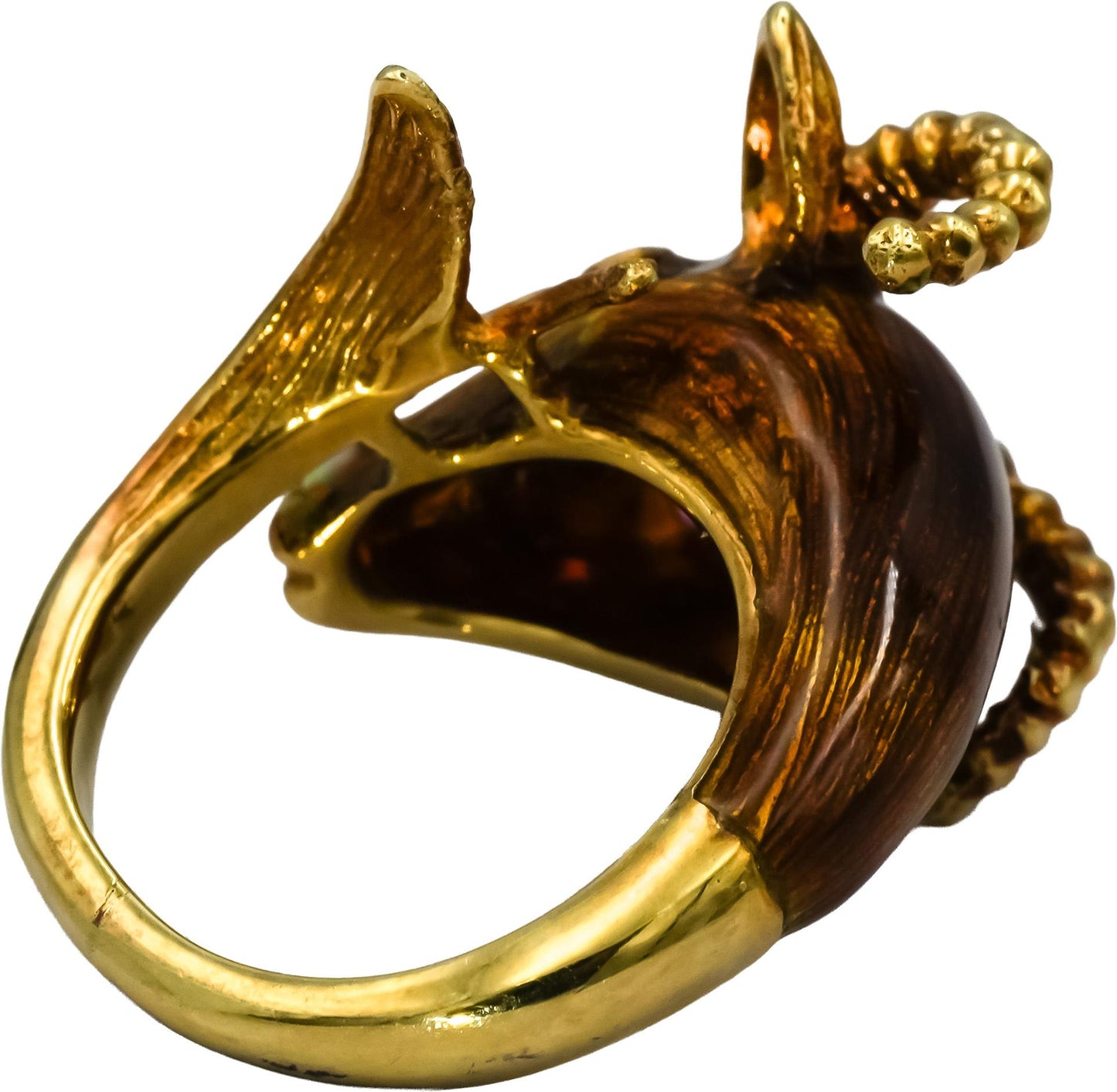 14k Yellow Gold Ruby and Enamel Rams Head Ring Size 5.25