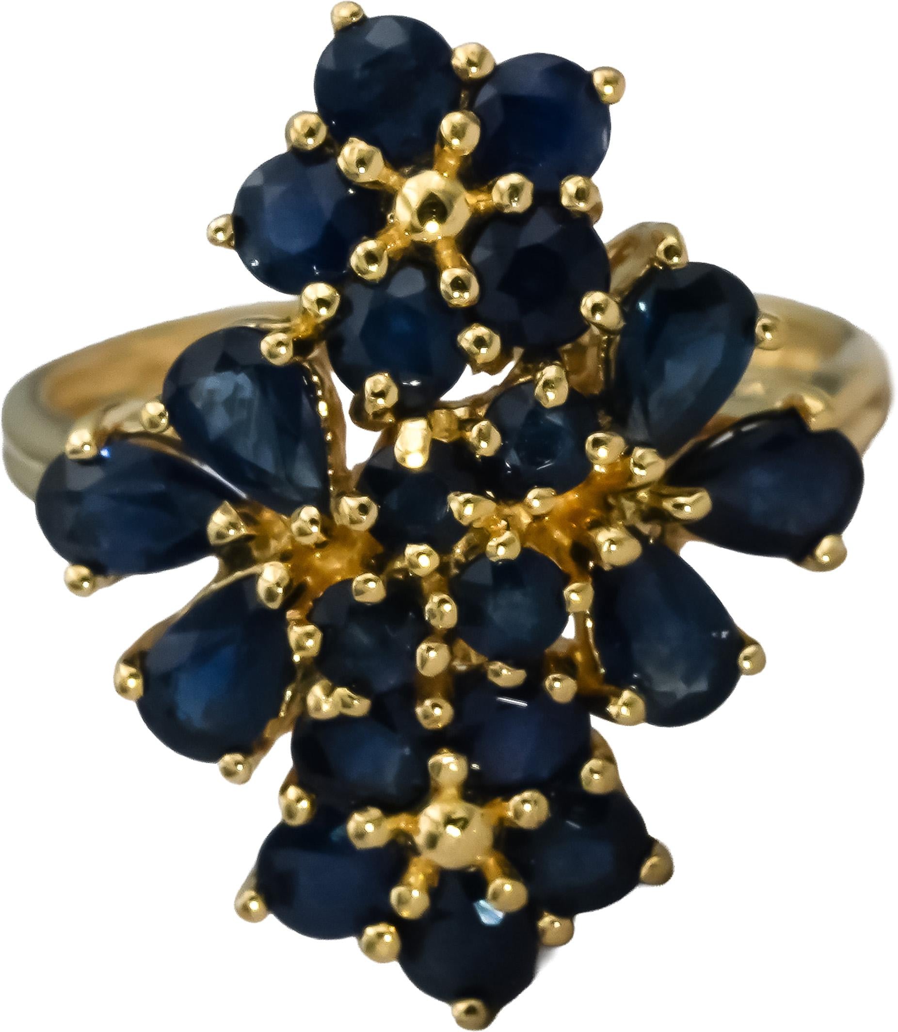 14k Yellow Gold Pear and Round Blue Sapphire Cluster Cocktail Ring 2.0CT Size 8