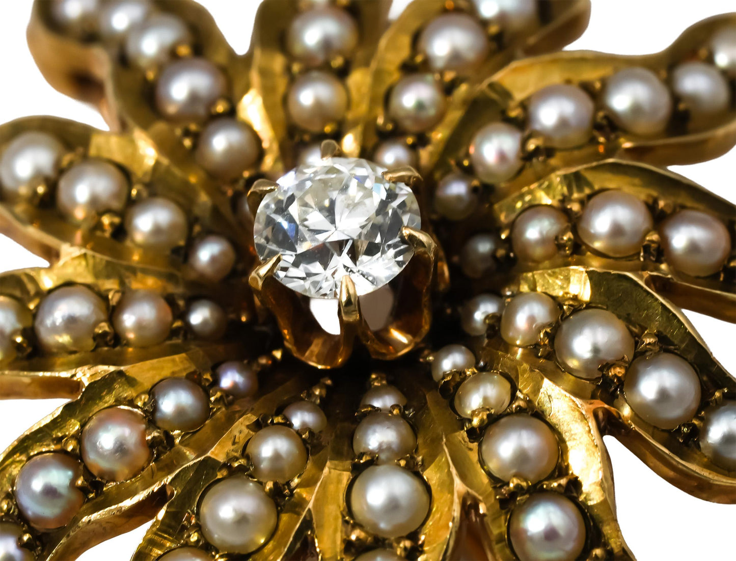 Vintage 14k Yellow Gold Old Euro Diamond Seed Pearl Sun Brooch Pendant .40CT