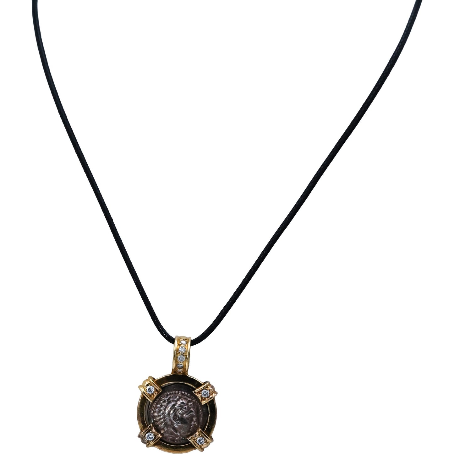 18k Yellow Gold Round Diamond Ancient Coin Pendant Necklace 0.30CT