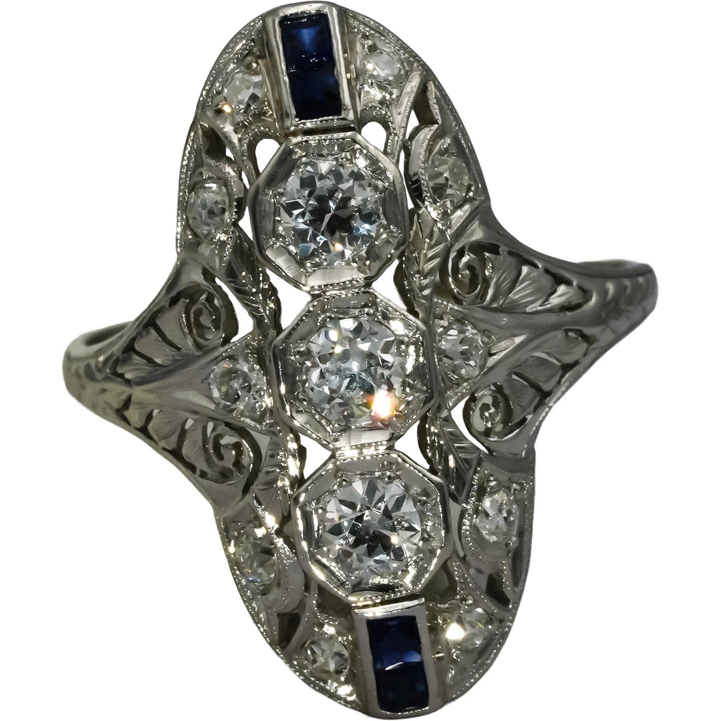 Antique Art Deco Filigree Platinum Diamond and Sapphire Dinner Ring 1.50CT