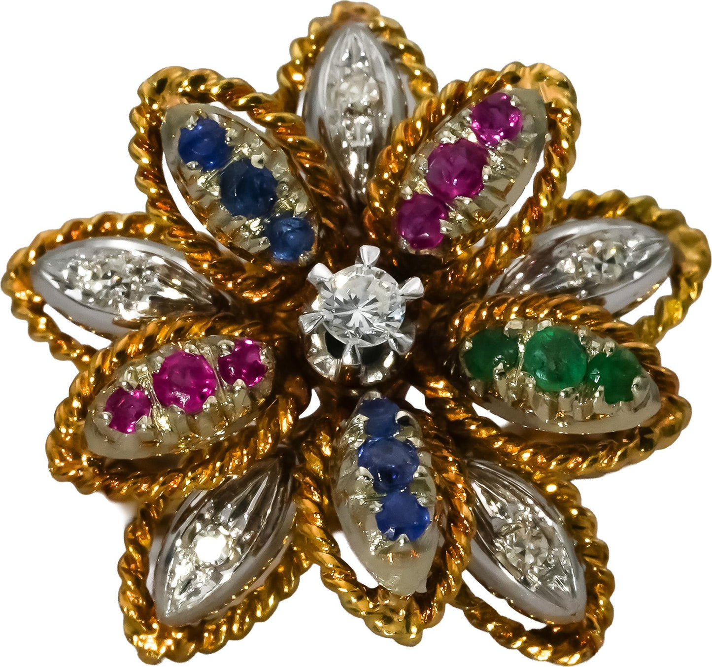 Vintage 18k White Yellow Gold Diamond Ruby Emerald Flower Ring .60CT Size 6.5