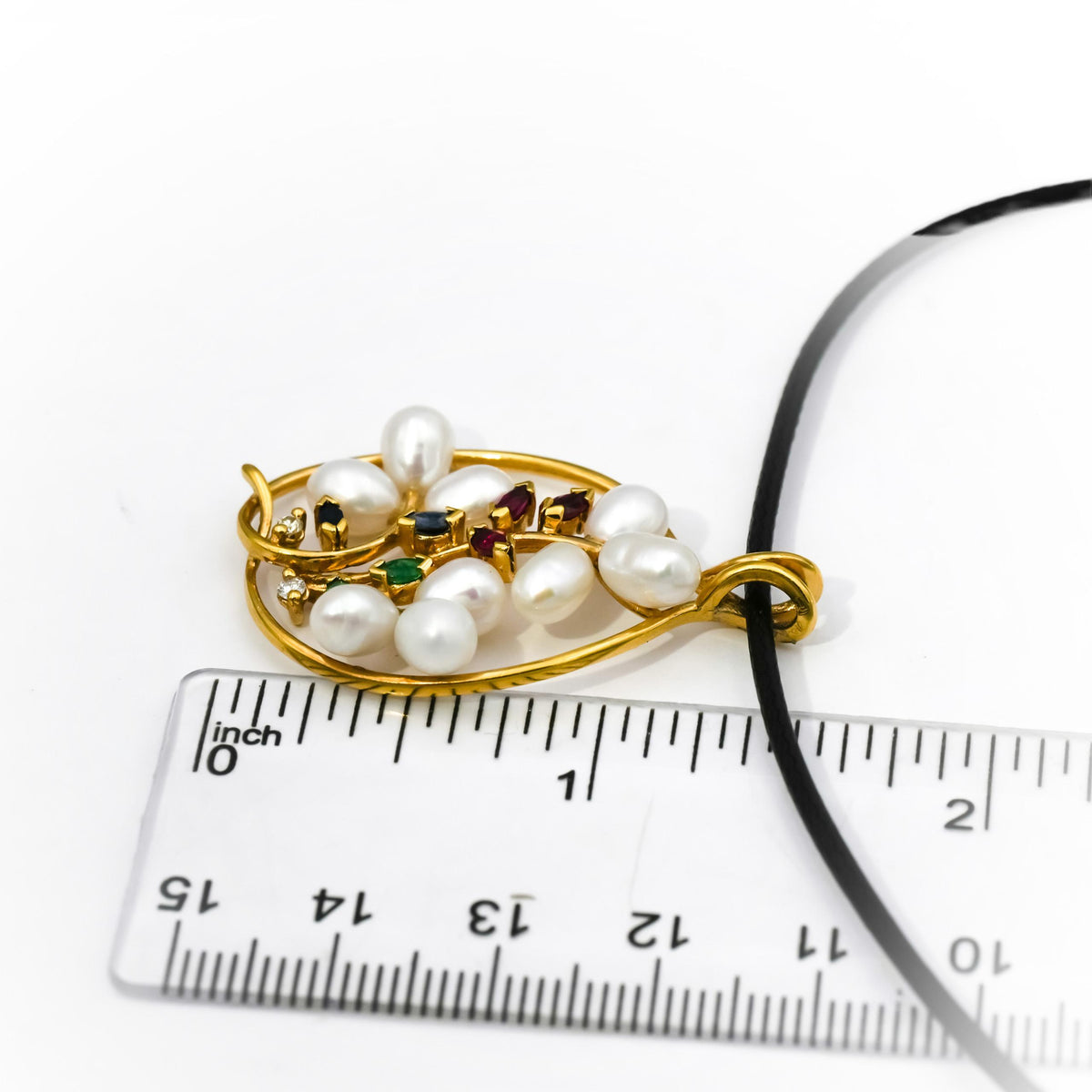 18k Gold Ruby Emerald Sapphire Pearl Floral Pendant Necklace w/ Diamonds .35CT
