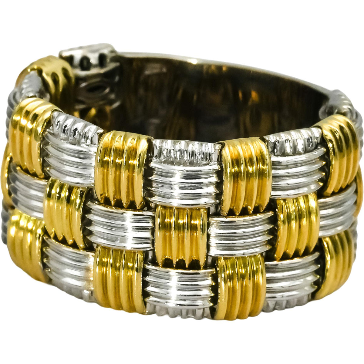 ROBERTO COIN 18k Yellow White Gold Basketweave Statement Flexible Ring Size 8