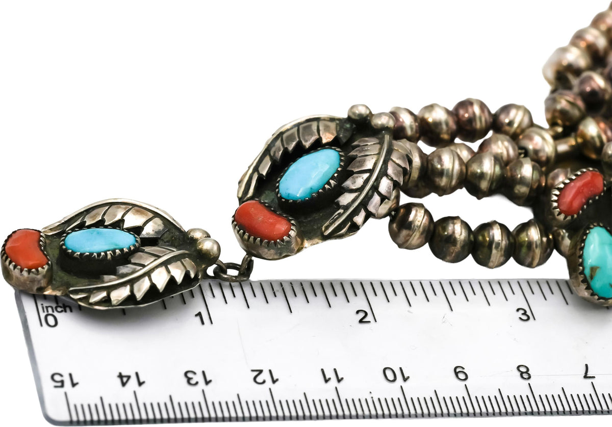 Sterling Silver Turquoise and Carnelian Native American Squash Blossom Necklace