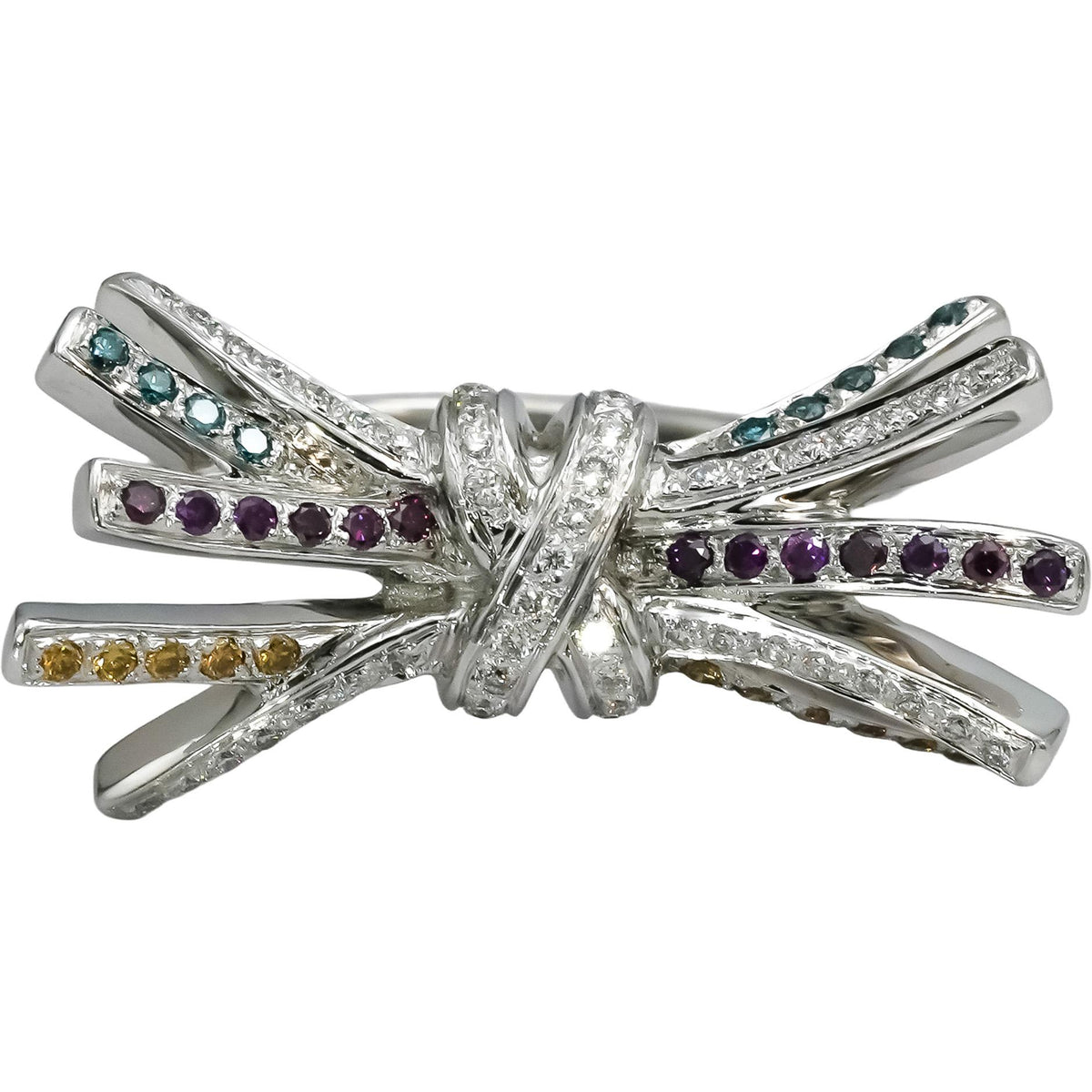 14k White Gold Multi-Color Diamond Bow Ribbon Ring 0.35CT Size 6