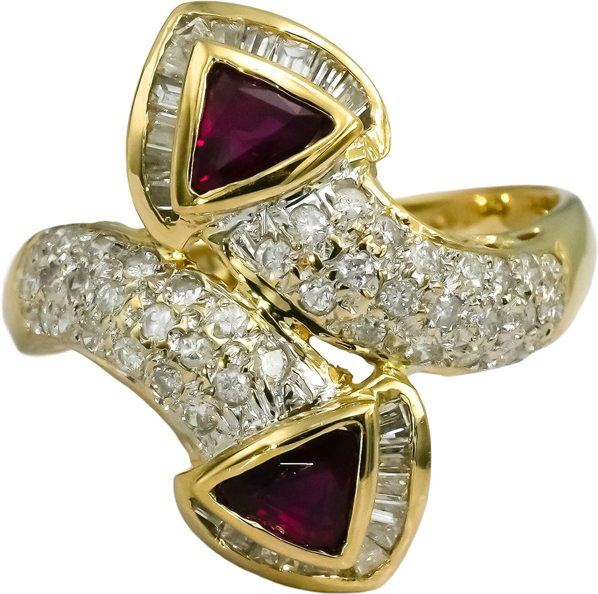 18k Yellow Gold Diamond and Ruby Cluster Bypass Ring 1.60CT Size 6.75