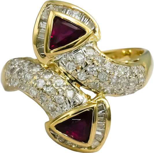 18k Yellow Gold Diamond and Ruby Cluster Bypass Ring 1.60CT Size 6.75