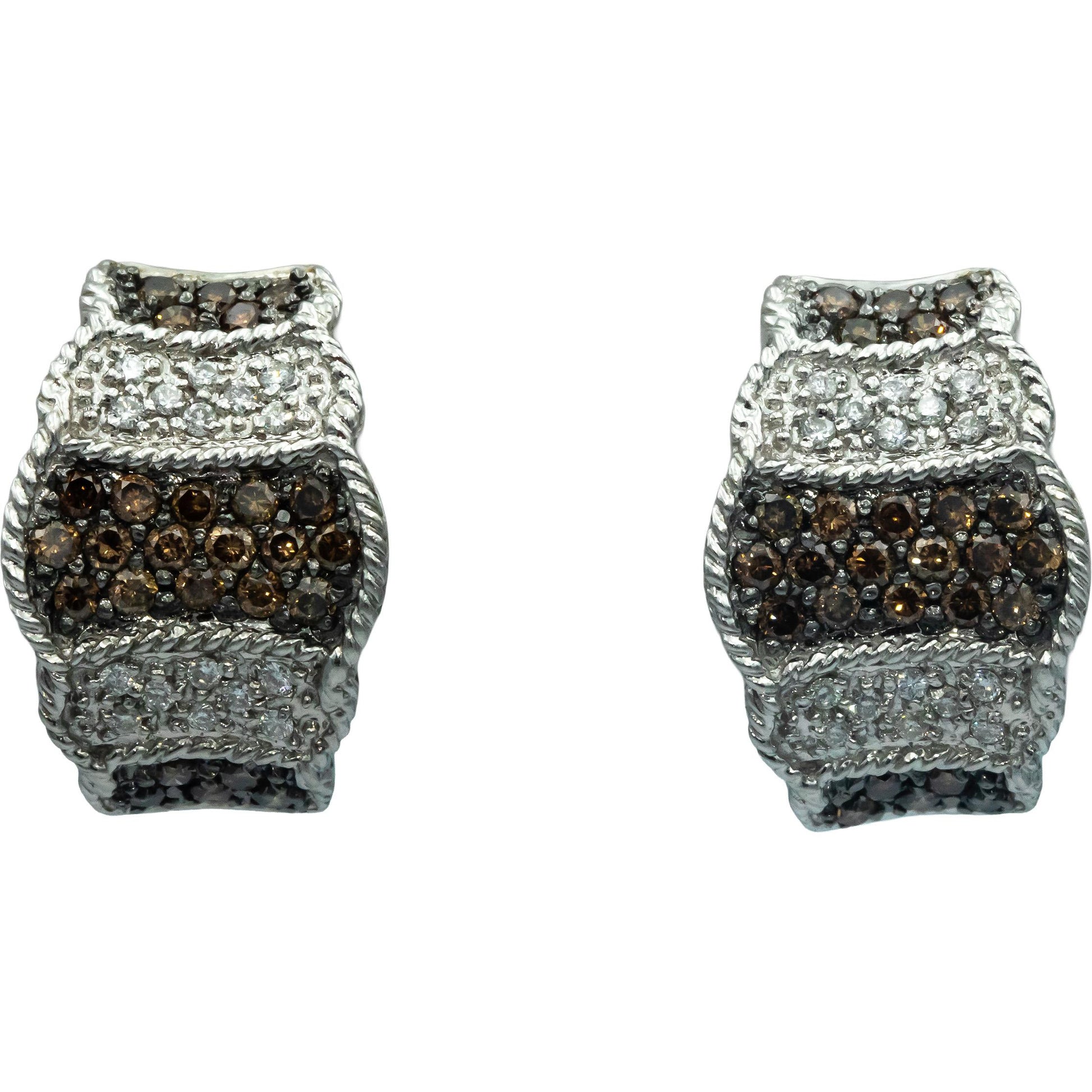 14k White Gold 1.25CT White and Brown Diamond Cluster Curved Earrings
