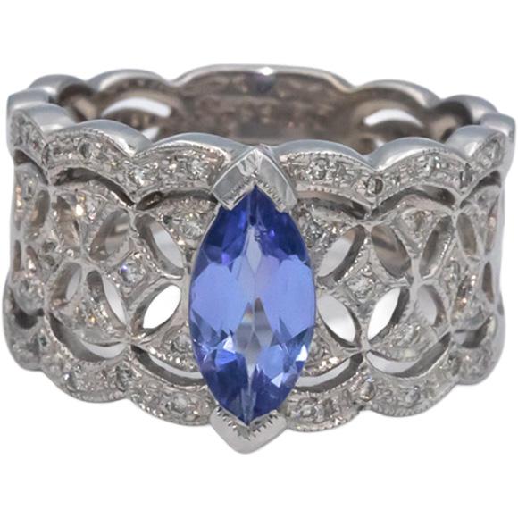 KALATI Designer 14k White Gold 1.10CT Diamond and Tanzanite Ring Size 7