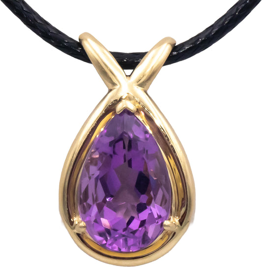 14k Yellow Gold 4.0CT Pear Cut Amethyst Pendant Cord Necklace