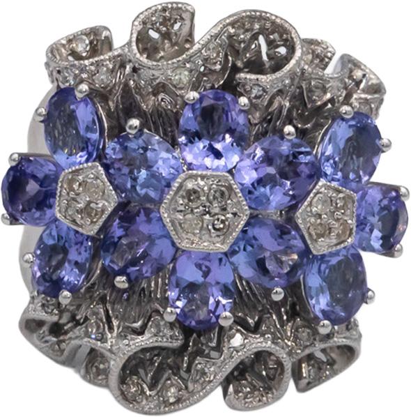 14k White Gold 4.25CT Diamond and Tanzanite Flower Cluster Ring Size 7