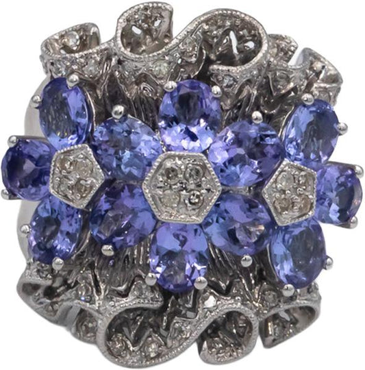 14k White Gold 4.25CT Diamond and Tanzanite Flower Cluster Ring Size 7