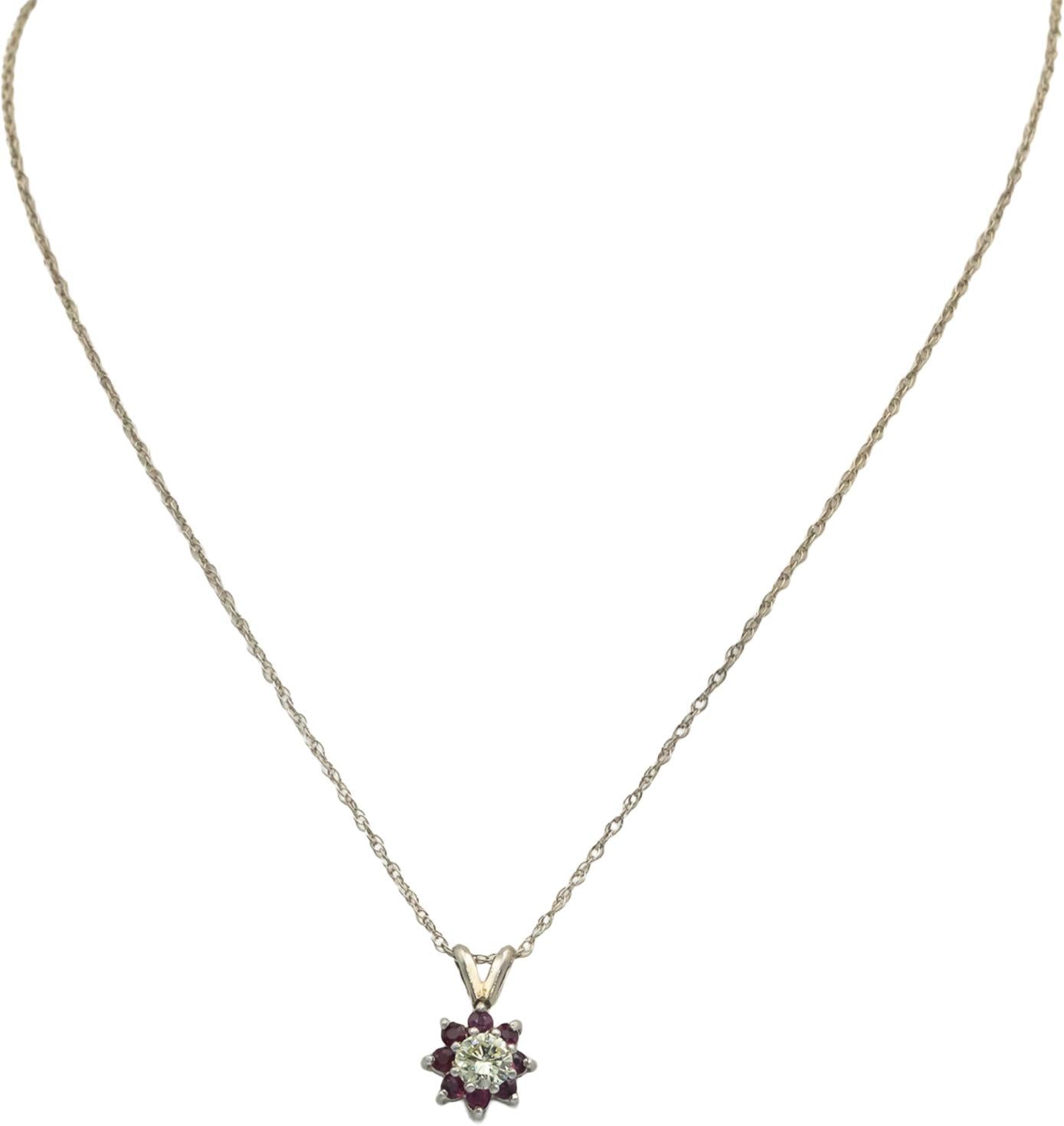 14k White Gold 0.49CT Diamond and Ruby Flower Pendant Chain Necklace