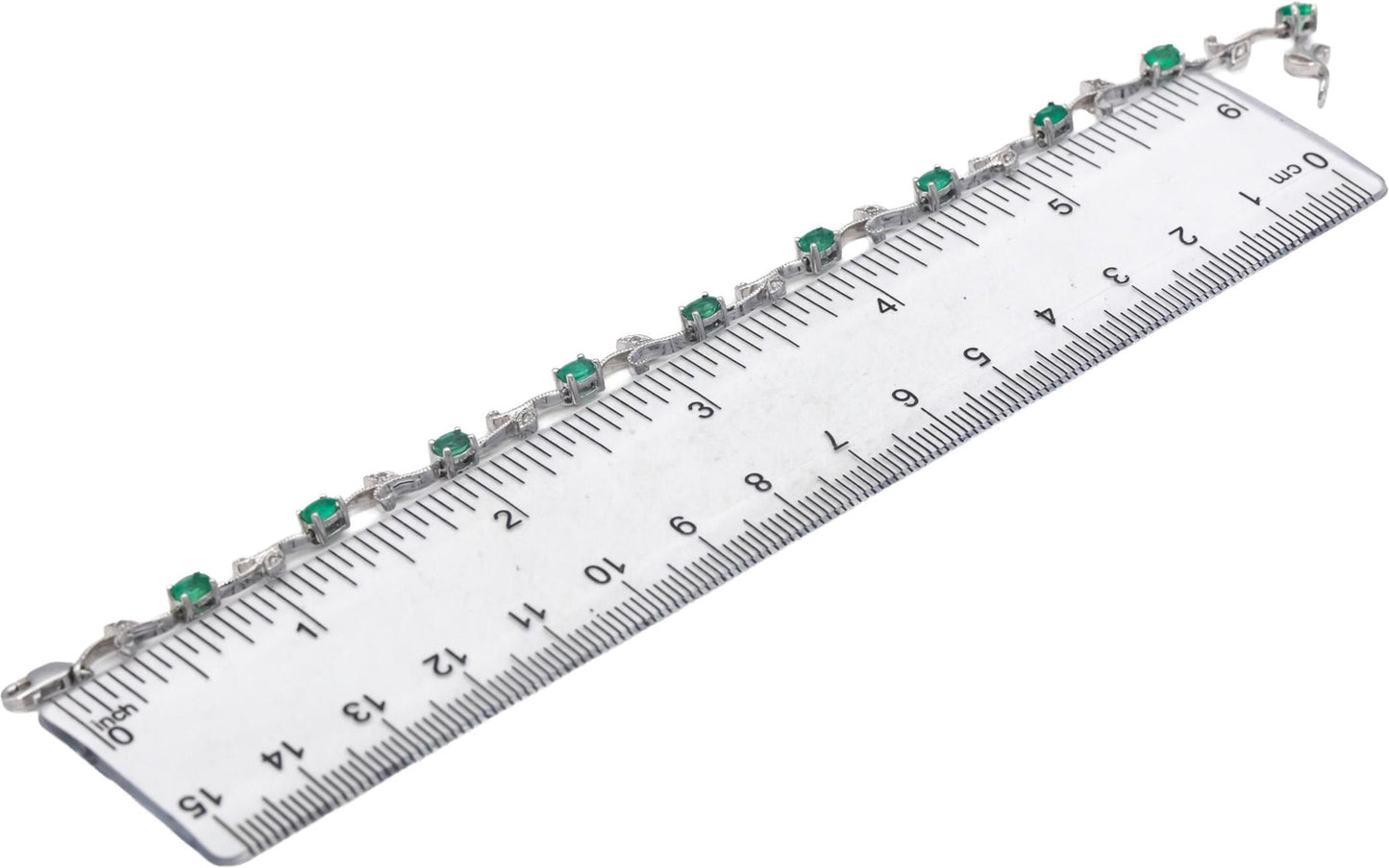 14k White Gold Diamond and Emerald Fancy Floral Link Bracelet 1.56CT