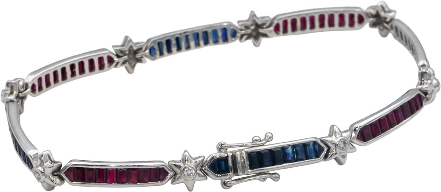 Designer 18k White Gold Diamond Sapphire Ruby Link Tennis Bracelet 3.15CT