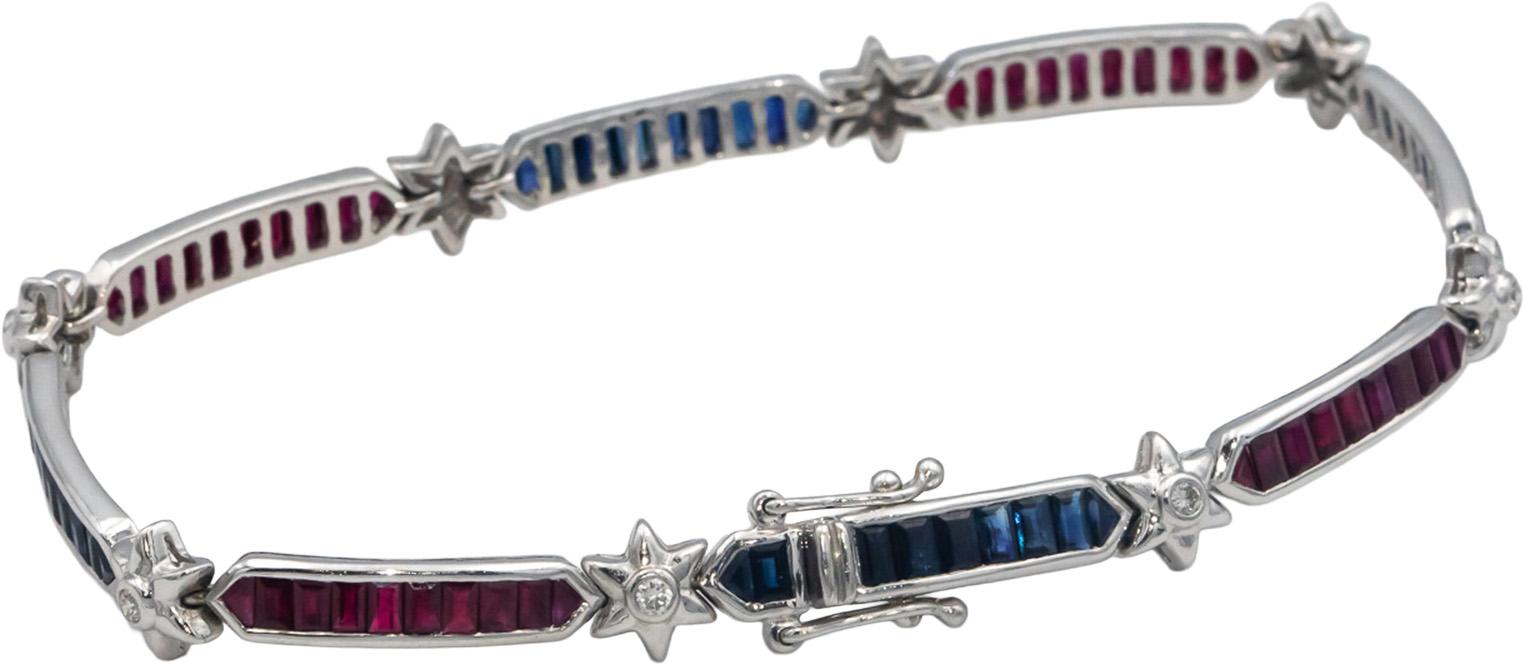 Designer 18k White Gold Diamond Sapphire Ruby Link Tennis Bracelet 3.15CT