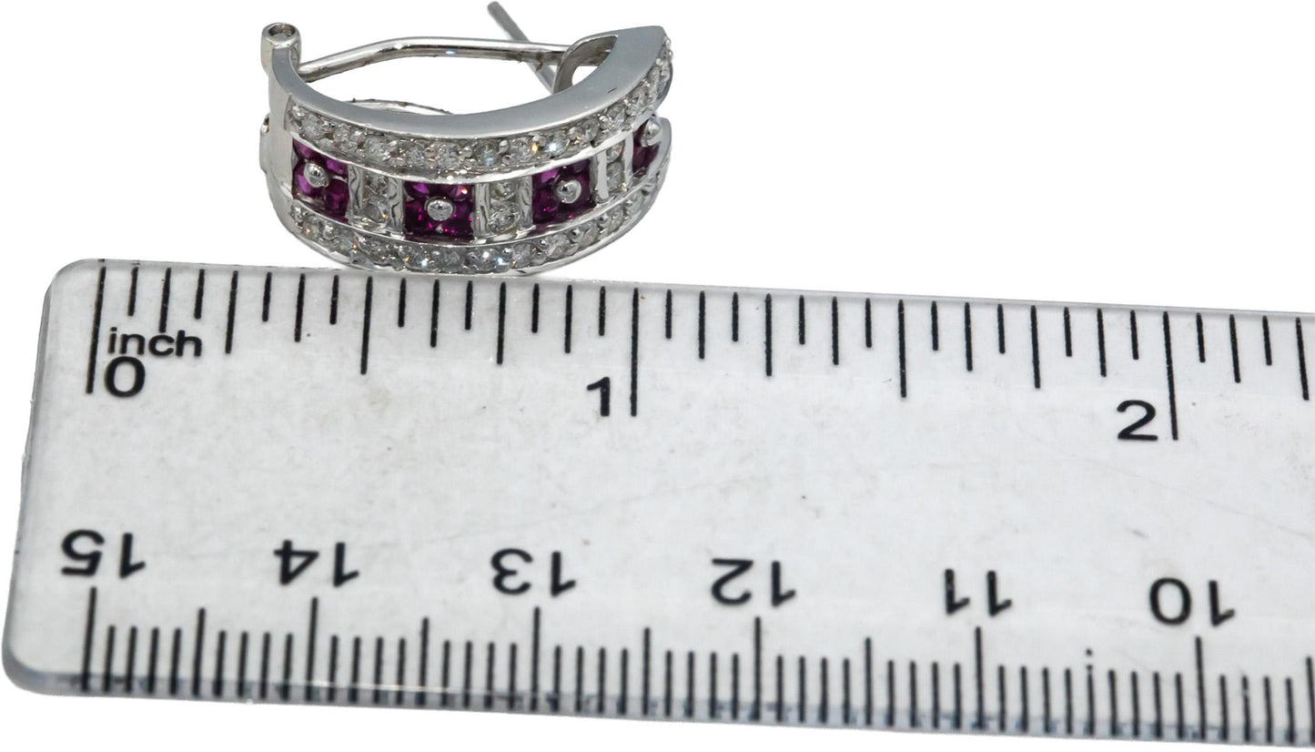 18k White Gold 1.50CT Round Cut Diamond and Ruby Curved Earrings