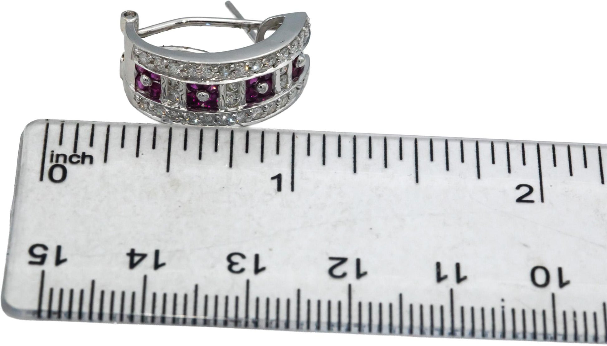 18k White Gold 1.50CT Round Cut Diamond and Ruby Curved Earrings