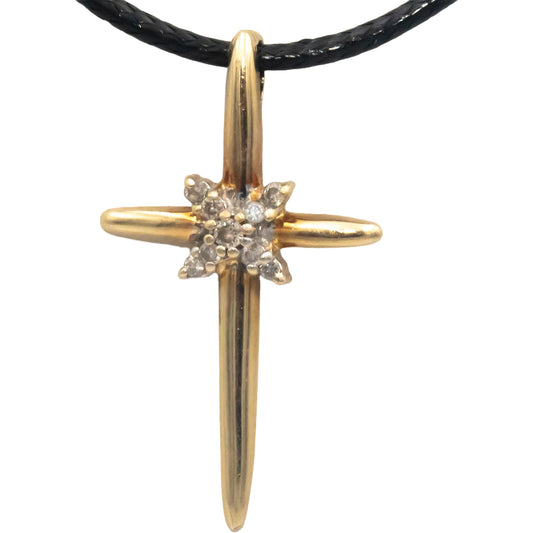 14k Yellow Gold 0.10CT Round Cut Diamond Cross Crucifix Pendant Necklace