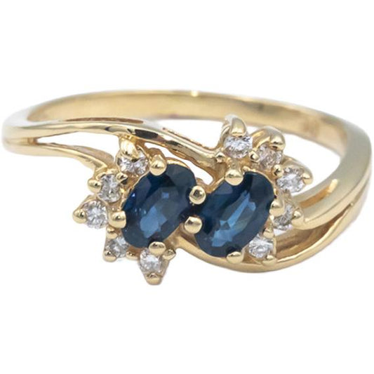 14k Yellow Gold Jewelry 0.65CT Diamond and Sapphire Double Halo Ring Size 6.5