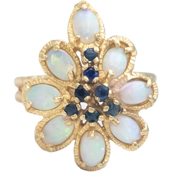 14k Yellow Gold 1.50CT Opal and Blue Sapphire Floral Cocktail Ring Size 6