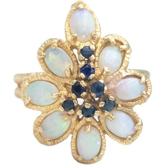14k Yellow Gold 1.50CT Opal and Blue Sapphire Floral Cocktail Ring Size 6