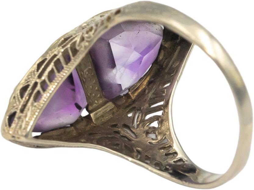Antique Vintage 14k White Gold 3.0CT Amethyst Filigree Ring w/ Diamond Accents