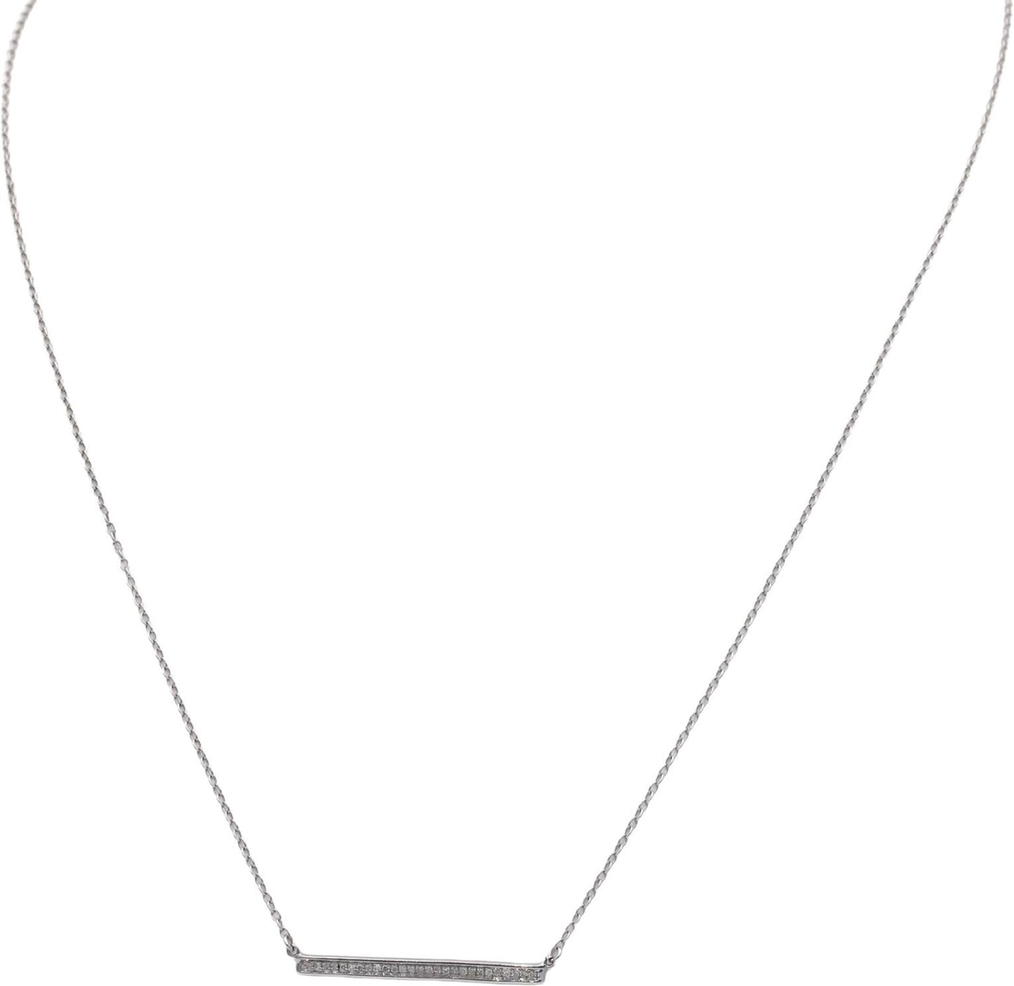 14k White Gold 0.10CT Round Cut Diamond Fixed Bar Pendant Necklace Chain