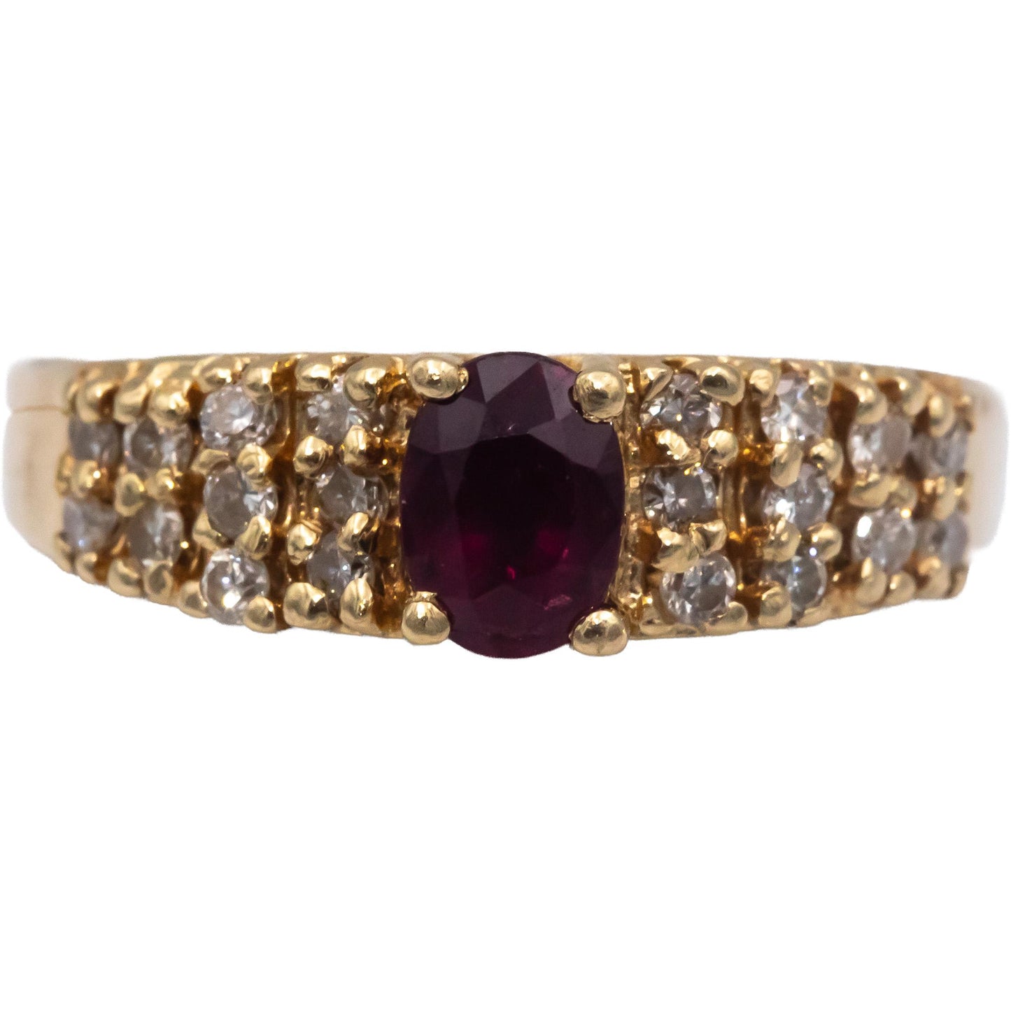 14k Yellow Gold Round Diamond and Oval Ruby Cocktail Ring 0.85CT Size 8.5