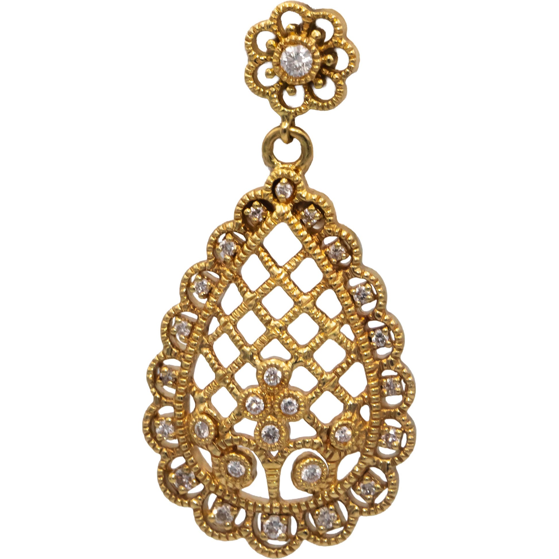 Diamond 18k Yellow Gold VS Round Cut Filigree Drop Dangle Earrings 0.50CT
