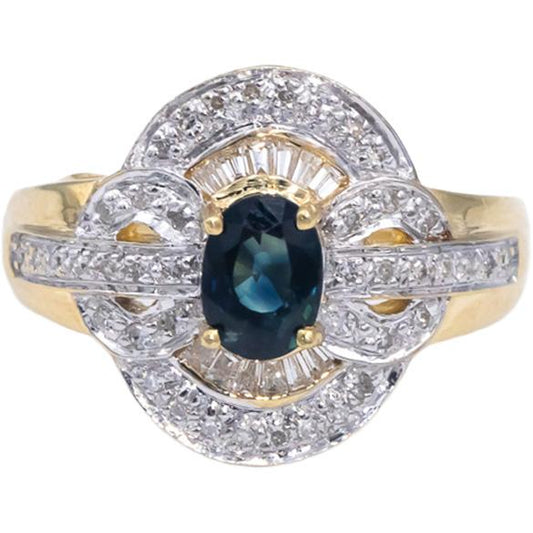 Diamond and Blue Sapphire 14k Yellow Gold Cluster Cocktail Ring 1.35CT Size 7