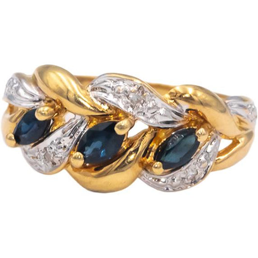 18k Yellow & White Gold Round Diamond Marquise Sapphire Ring 0.28CT Size 7