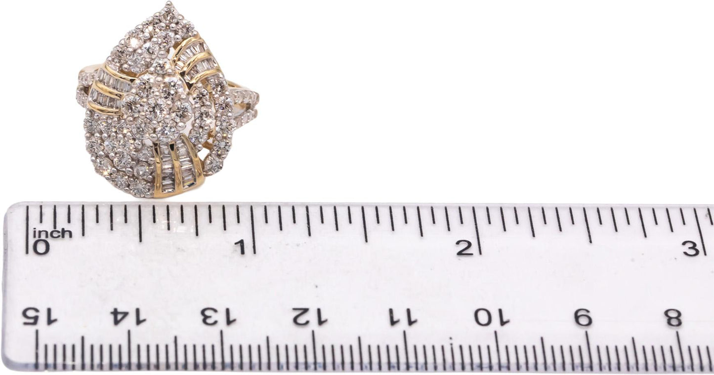 10k Yellow Gold Round & Baguette Cut Cluster Cocktail Ring 2.0CT Size 7