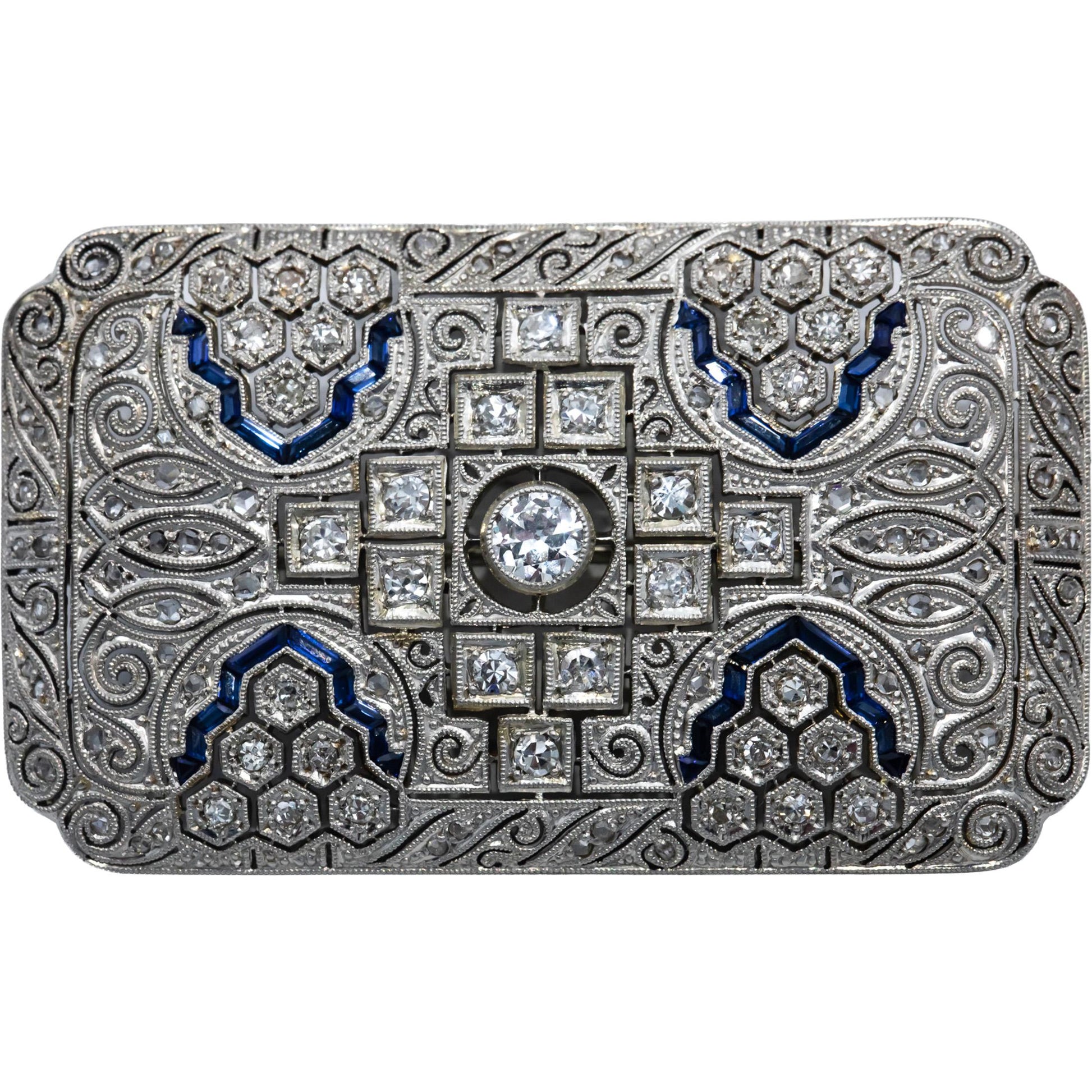 Art Deco Platinum & 18k Gold VS Diamond & Synthetic Sapphire Brooch 1.75CT