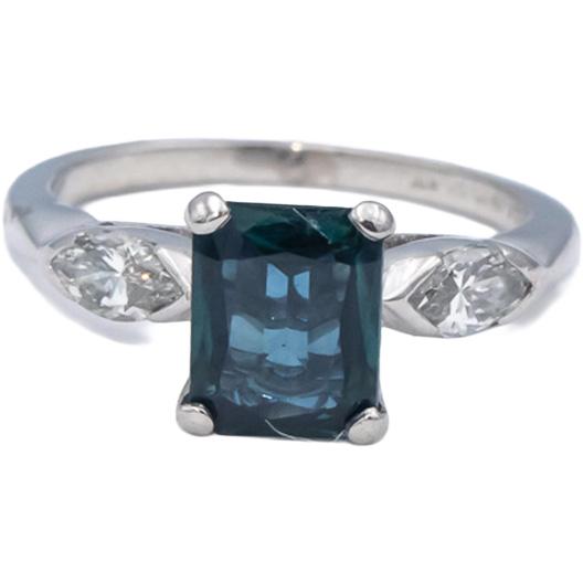 Platinum Emerald Cut Blue Topaz & Marquise Diamond Cocktail Ring 1.81CT Size 5