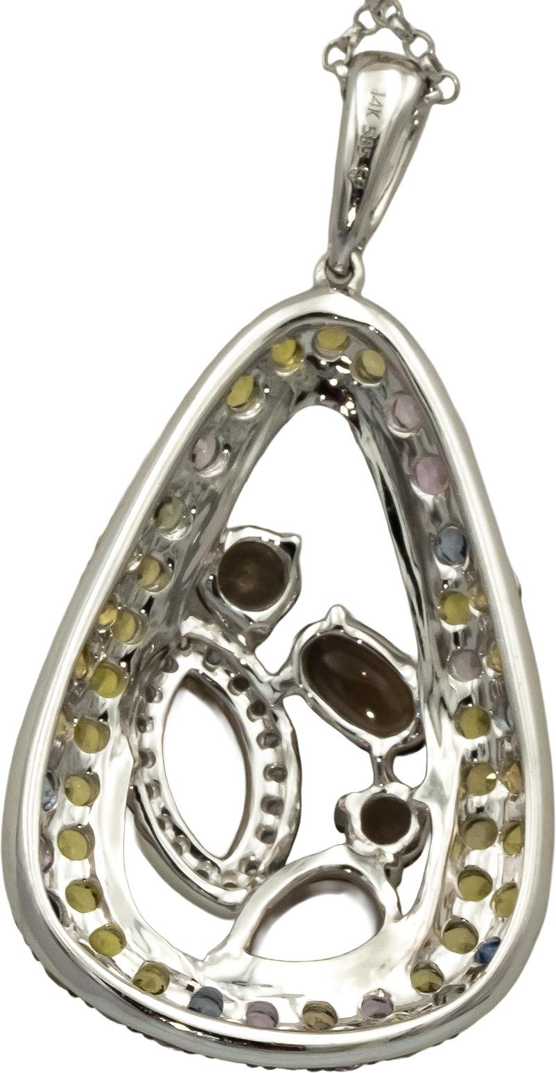 14k White Gold Diamond & Multi Color Gemstone Abstract Pendant Necklace 1.50CTW
