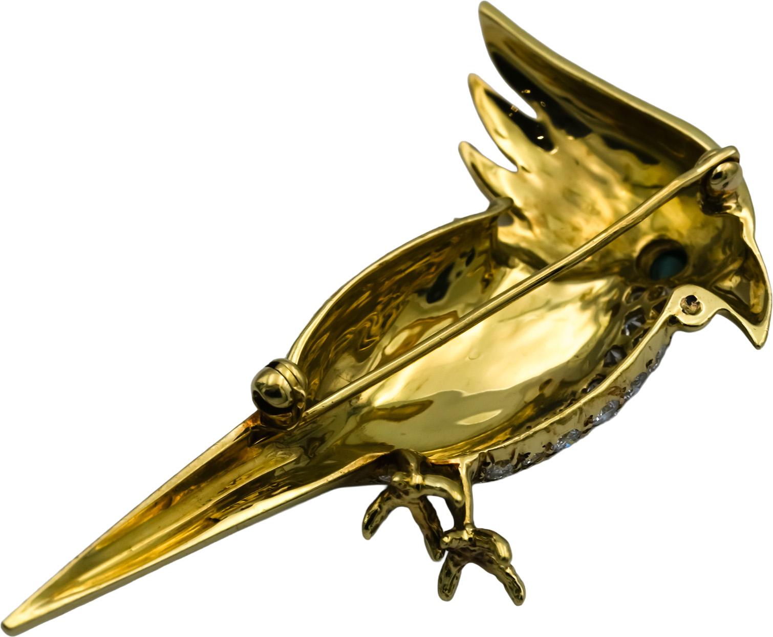 18k Yellow Gold VS Diamond and Colorful Enamel Bird Brooch 0.83CT