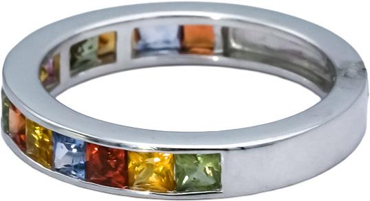 14k White Gold Channel Set Rainbow Sapphire Band Ring 1.96CT Size 7.75