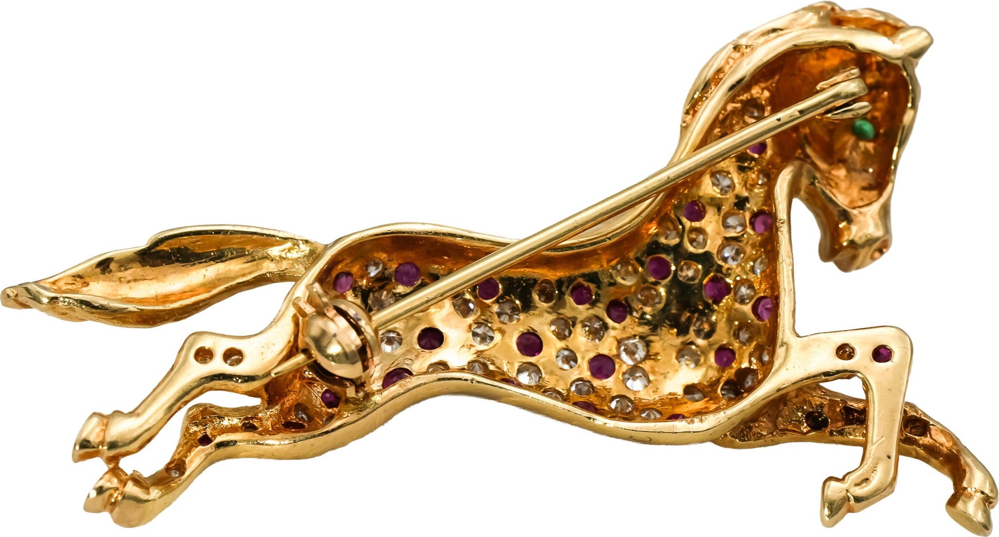 18k Rose Gold Ruby and Diamond Galloping Horse Brooch Pin 0.75CTW