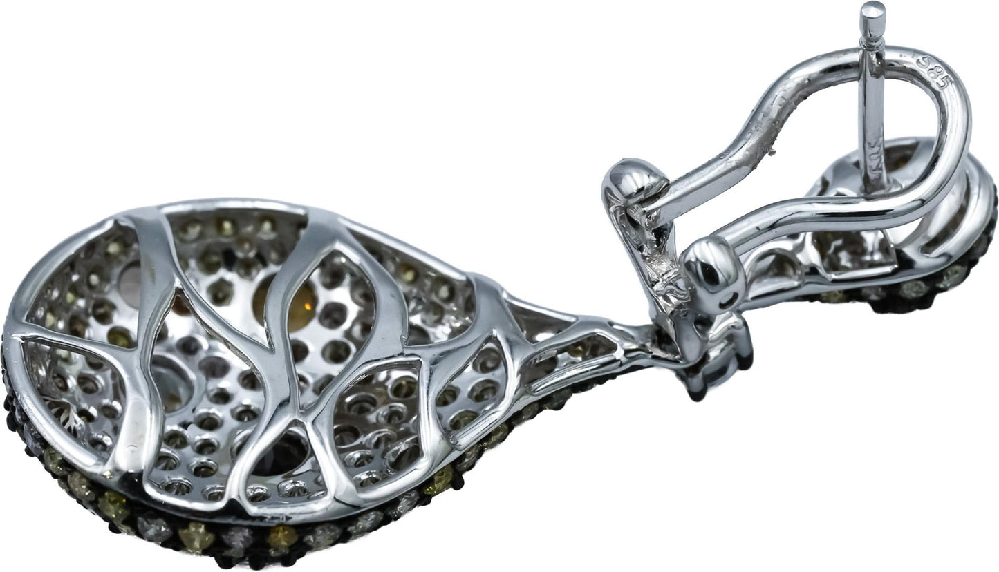 14k White Gold Round Multi-Color Diamond & Sapphire Drop Dangle Earrings 2.75CTW