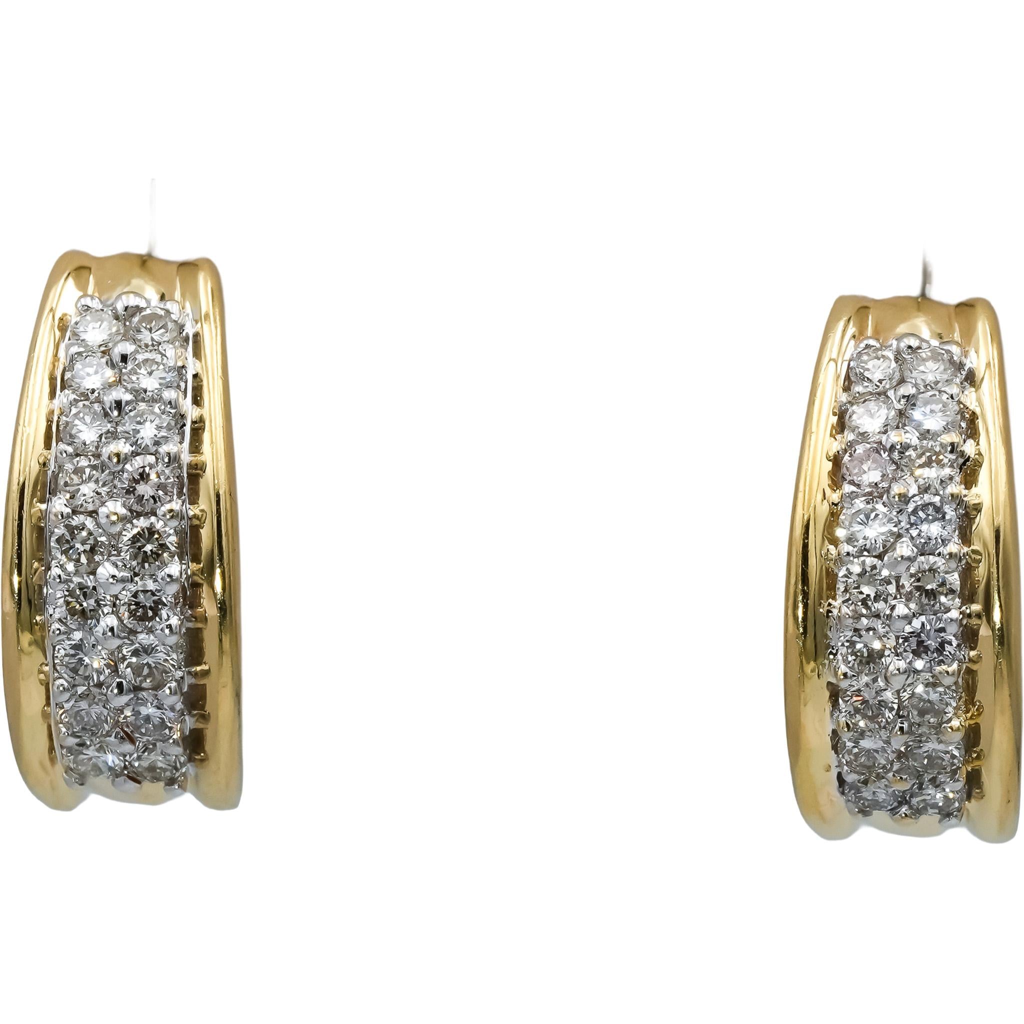14k Yellow Gold Round Diamond Curved Earrings 0.90CT