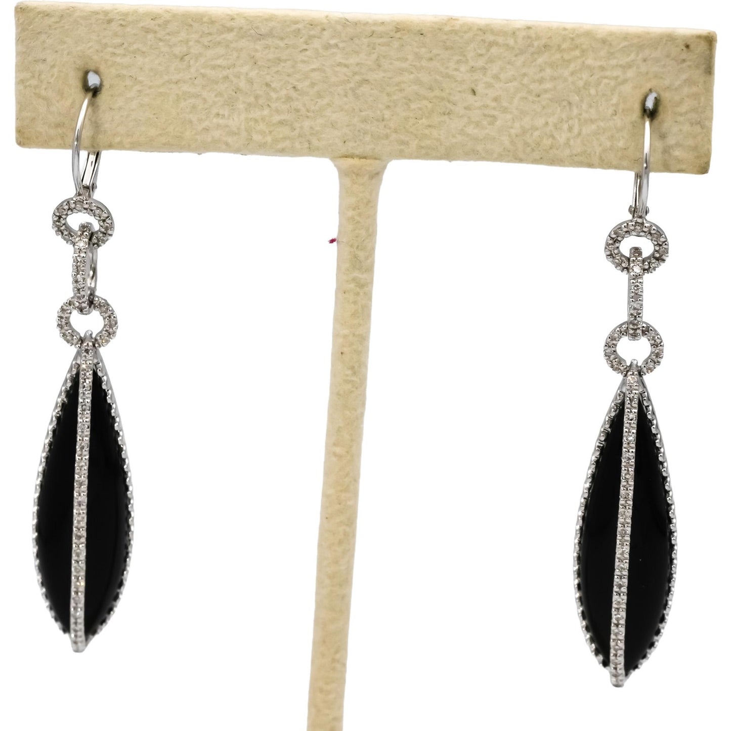 14k White Gold Round Diamond and Cabochon Onyx Drop Dangle Earrings 0.20CT